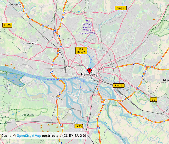 Karte von Open Street Maps - Einsatzgebiet von BeWaTech aus Brüsewitz bei Schwerin in der Stadt Hamburg und dem Hamburger Umland - Abriss / Abbruch, Rückbau / Demontage & Schadstoffsanierung