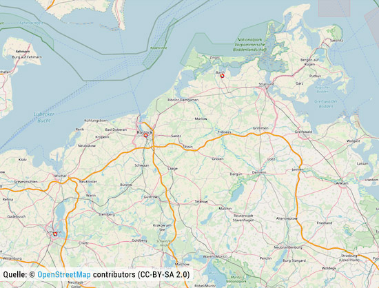 Karte von Open Street Maps - Einsatzgebiet von BeWaTech aus Brüsewitz bei Schwerin in Mecklenburg-Vorpommern - Abriss / Abbruch, Rückbau / Demontage & Schadstoffsanierung