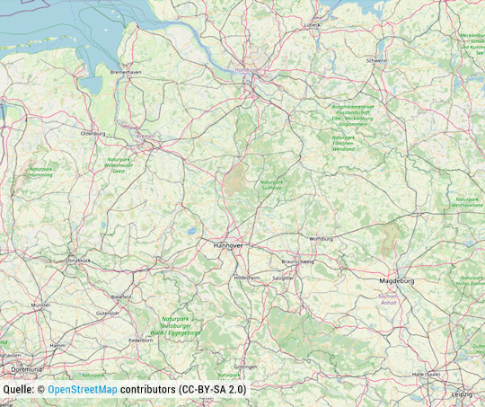 Karte von Open Street Maps - Einsatzgebiet von BeWaTech aus Brüsewitz bei Schwerin in Niedersachsen - Abriss / Abbruch, Rückbau / Demontage & Schadstoffsanierung